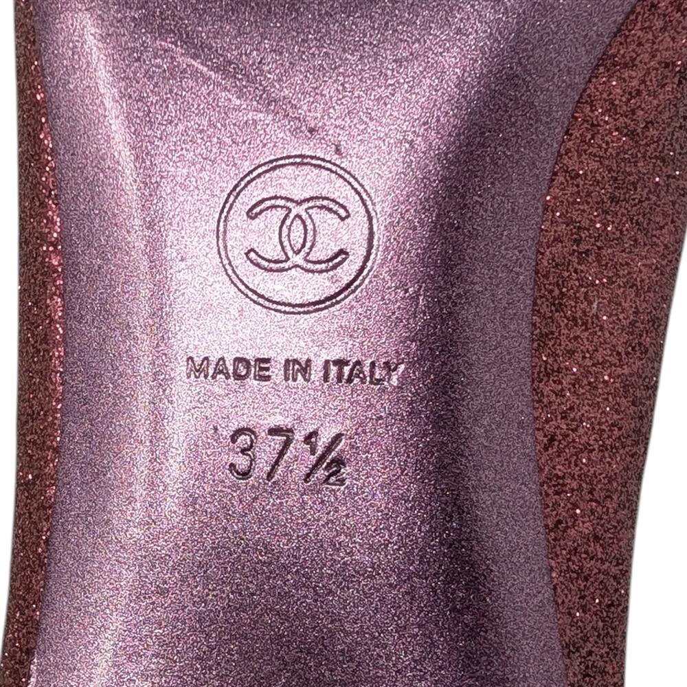 Chanel Ballet Block Heel Pumps Pink Glitter Grosgrain Cap Toe CC Logo 37.5 | 7 - Picture 11 of 13